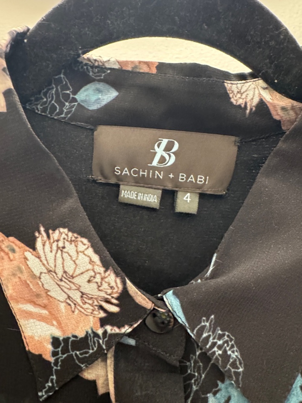 Sachin + Babi Black Sheer Floral Button-Up Blouse with Peach and Teal Accents - Picture 2 of 5